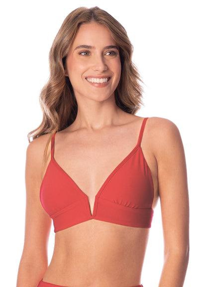 Red Camelia Parade Long Line Triangle Bikini Top