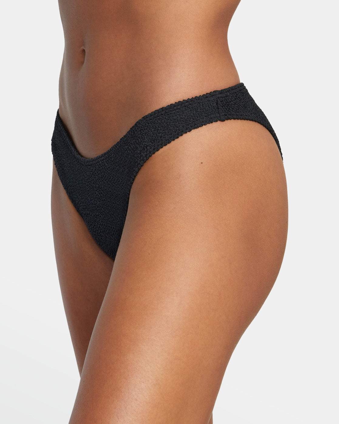 SMOCKED TEXTURED Thong Bikini Bottom - Black